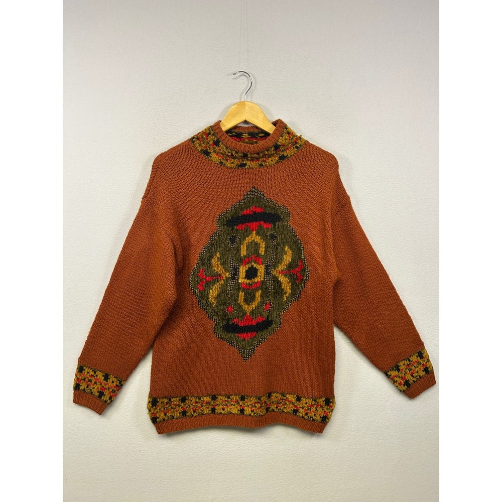 VTG Southwestern Jason Maxwell Womens Medium Rust Orange Intarsia Knit Sweater